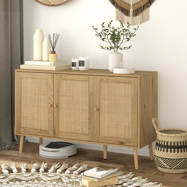 HOMCOM Credenza per Soggiorno Bohémien con Porte in Rattan e Scaffali Regolabili 120x40x75 cm Legno Naturale | Aosom Italy