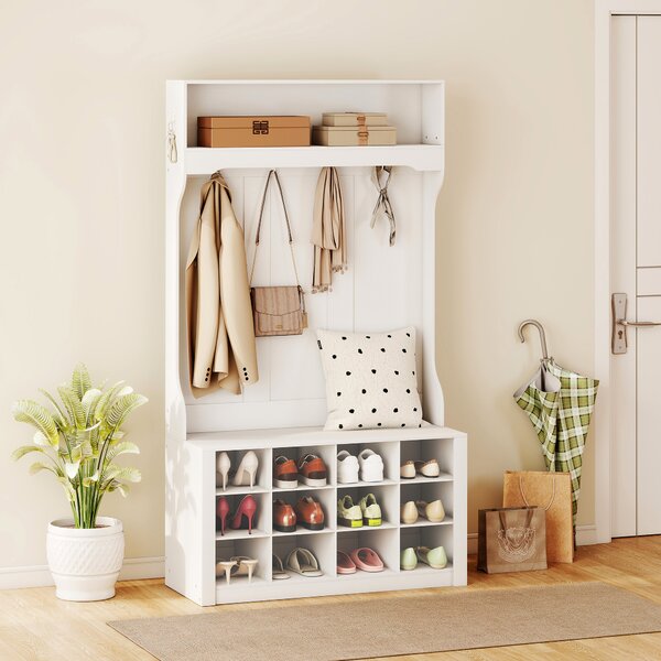 HOMCOM Attaccapanni con Scaffale, Panca, Ganci, Scomparti per le Scarpe, in Truciolato, 100x35x172,2 cm, Bianco | Aosom Italy