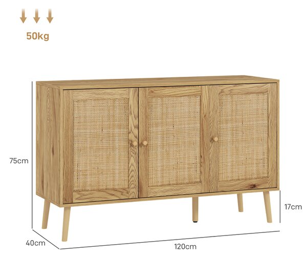 HOMCOM Credenza per Soggiorno Bohémien con Porte in Rattan e Scaffali Regolabili 120x40x75 cm Legno Naturale | Aosom Italy