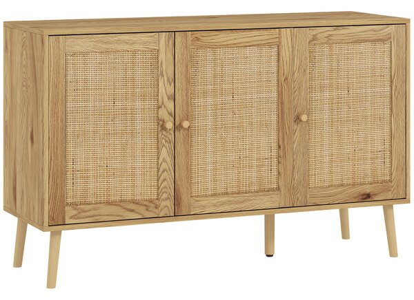 HOMCOM Credenza per Soggiorno Bohémien con Porte in Rattan e Scaffali Regolabili 120x40x75 cm Legno Naturale | Aosom Italy