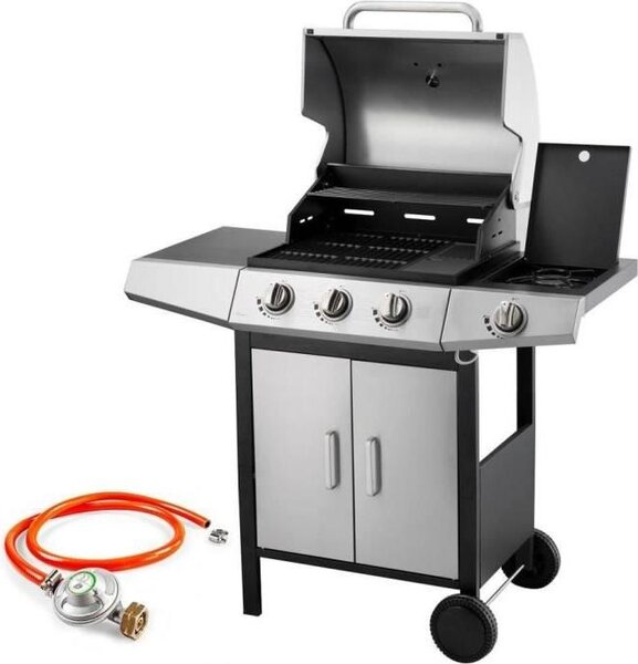 Barbecue a gas, Fieldmann FZG 3010, 3 bruciatori principali, 1 bruciatore laterale, superficie di cottura 50,5 x 39 cm, altezza 86 cm, termometro, rotelle