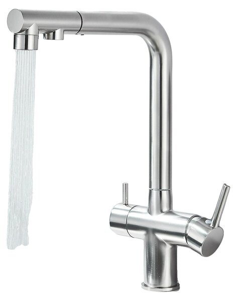 Rubinetto da cucina con funzionalità di filtraggio e di erogazione di acqua di rete, con erogatore estraibile e spazzole