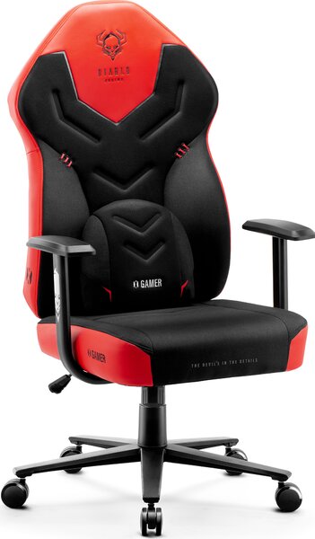 Sedia da gioco Diablo X-Gamer 2.0 Sedia da ufficio rivestita in tessuto Design ergonomico Cuscino lombare Supporto morbido (nero-rosso)