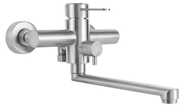 Miscelatore da cucina, girevole a 360°, design a parete, acciaio inossidabile, colore argento