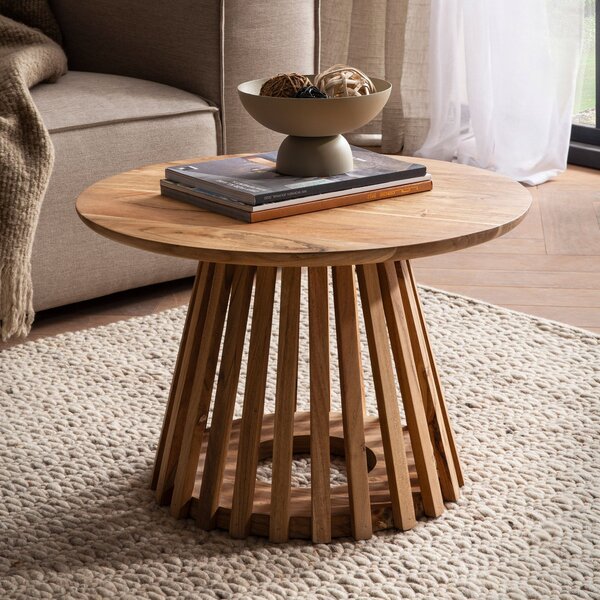 WOHNLING Tavolino da salotto 60x60x40 cm in legno massello di acacia marrone chiaro Tavolino rotondo di design Tavolino da salotto con struttura a griglia Tavolino da salotto moderno