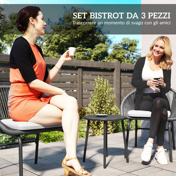Outsunny Set da Giardino con 2 Sedie con Cuscino e Tavolino da Caffè in Acciaio e Rattan PE, Nero|Aosom