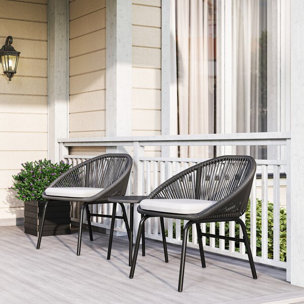 Outsunny Set da Giardino con 2 Sedie con Cuscino e Tavolino da Caffè in Acciaio e Rattan PE, Nero|Aosom