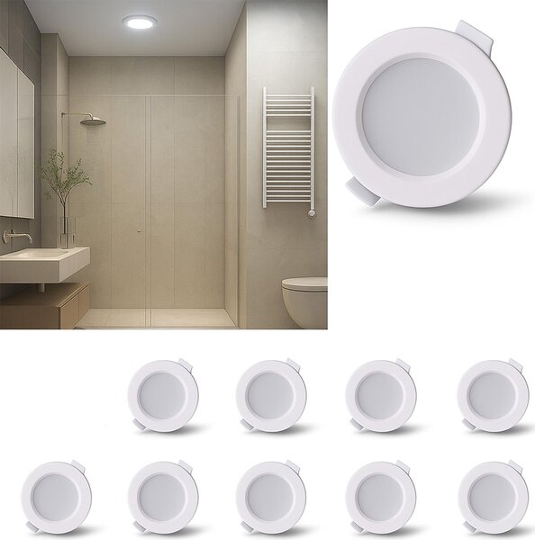 Confezione da 10 downlight LED, faretti da incasso rotondi, 5 W, IP44 - CCT selezionabile 3000 K/4000 K/6000 K - Ø di taglio 75-80 mm - Bianco