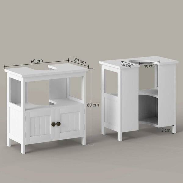 Kleankin Mobile Sottolavabo con Ripiano e Armadietto, Intaglio e U e 2 Ante, 60x30x60 cm, Bianco | Aosom Italy