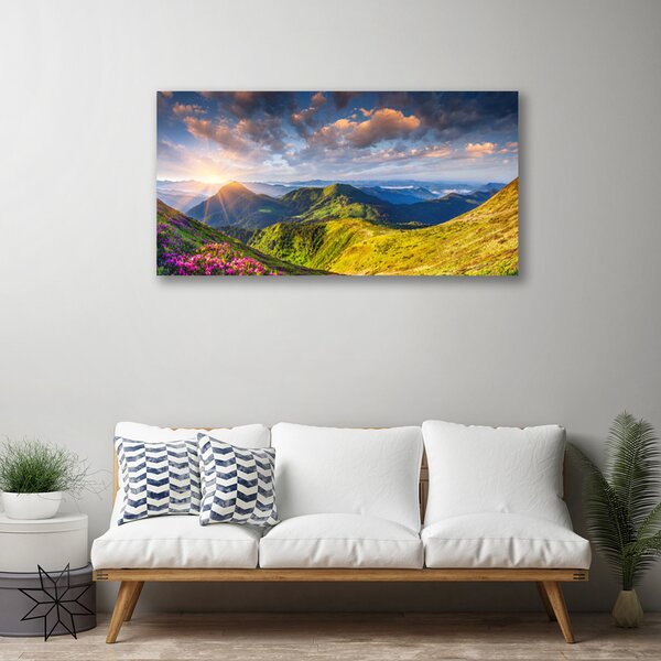 Quadro su tela Montagne, il Sole. Il paesaggio dei prati 100x50 cm