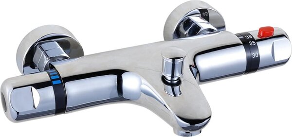 Miscelatore termostatico - Miscelatore doccia a parete - Temperatura costante 38 °C - Protezione antiscottatura - Doppia maniglia - Caratteristiche interne in ottone - Regolazione della portata - Argento