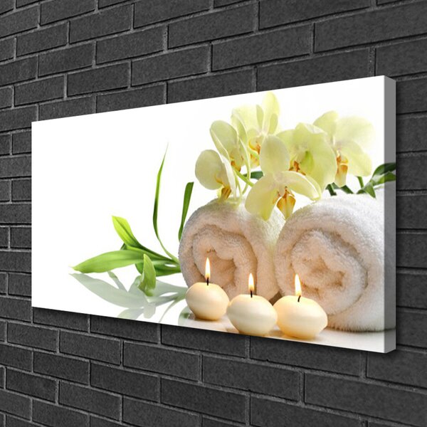 Quadro su tela Asciugamani Spa. Candele. Orchidea 100x50 cm