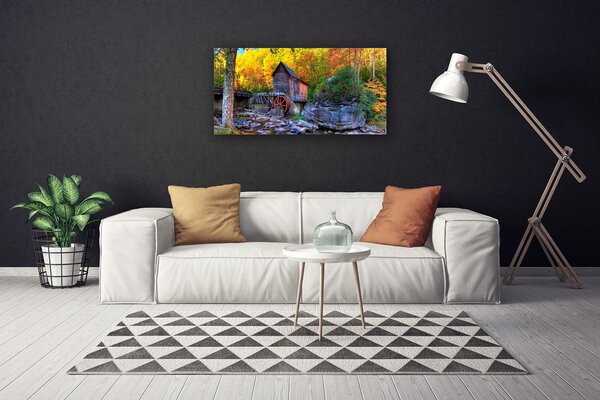 Quadro su tela Mulino ad acqua della foresta d'autunno 100x50 cm