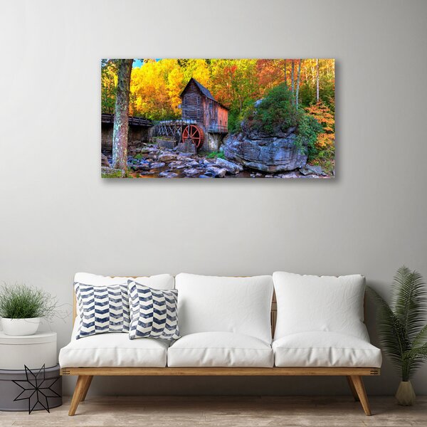 Quadro su tela Mulino ad acqua della foresta d'autunno 100x50 cm