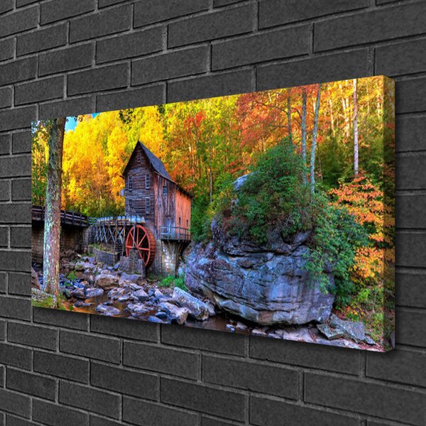 Quadro su tela Mulino ad acqua della foresta d'autunno 100x50 cm