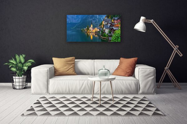 Quadro su tela Città di montagna di notte sul lago 100x50 cm