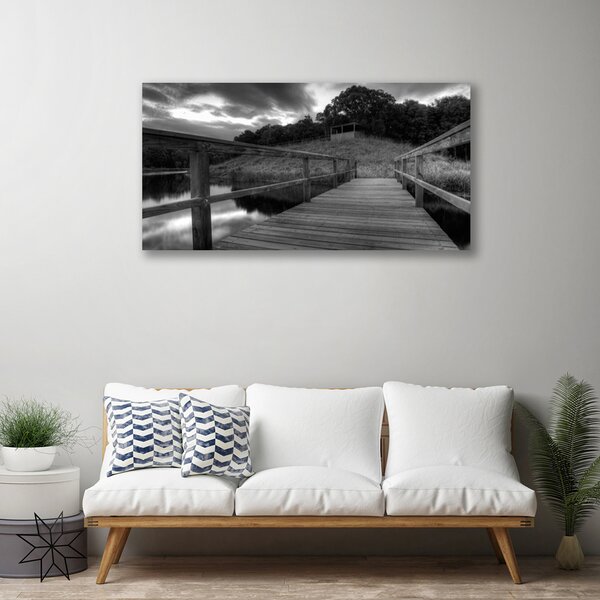 Foto quadro su tela Molo del lago in bianco e nero 100x50 cm