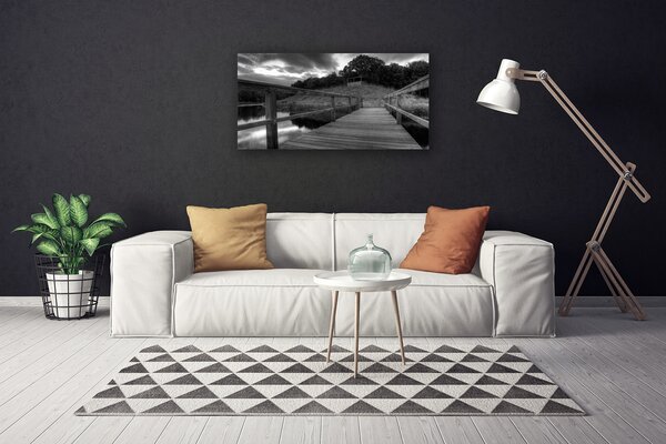 Foto quadro su tela Molo del lago in bianco e nero 100x50 cm