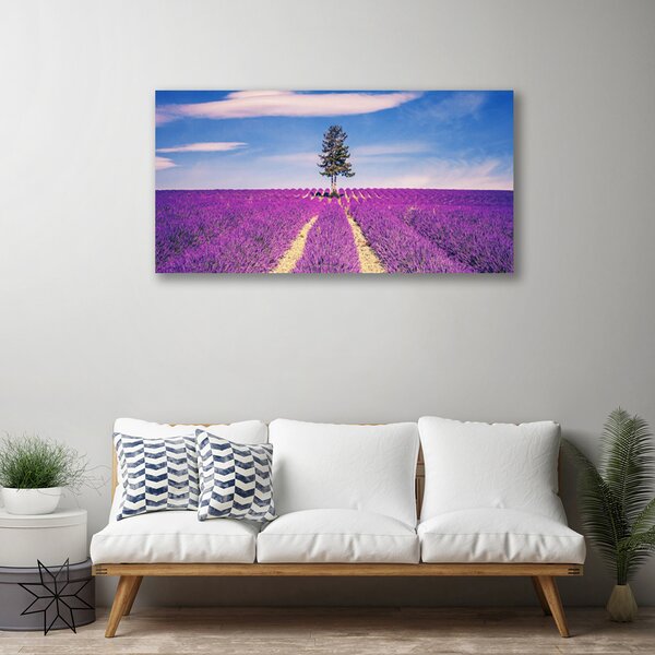 Stampa quadro su tela Albero del prato del campo di lavanda 100x50 cm