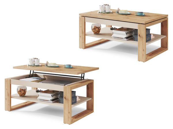 NUO Rovere Artisan/Beige (Champagne) - MODERNO TAVOLINO CON PIANO ALZABILE