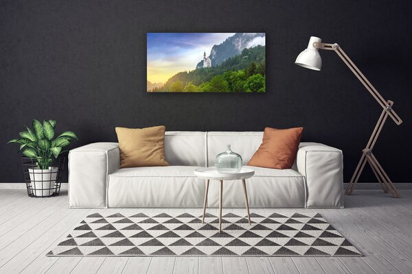 Quadro su tela Castello nel paesaggio della foresta delle montagne 100x50 cm