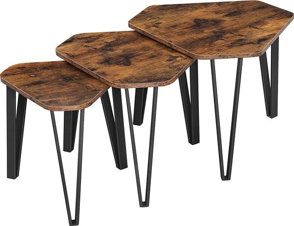 Calicosy - set di 3 tavoli estraibili con gambe in acciaio e in legno rustico