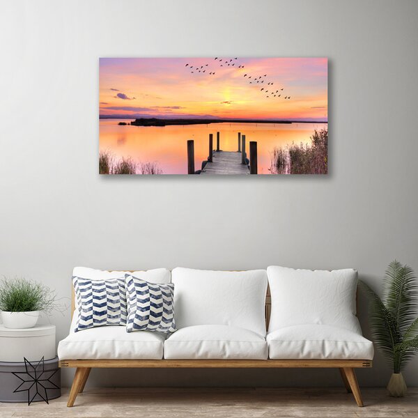 Quadro su tela Molo Tramonto Lago 100x50 cm
