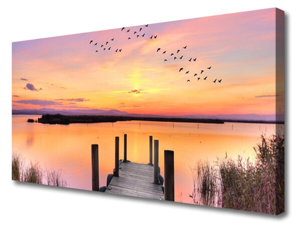 Quadro su tela Molo Tramonto Lago 100x50 cm