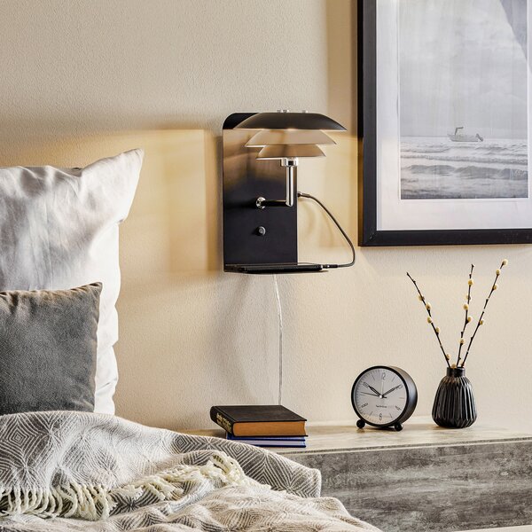 Applique da parete Dyberg Larsen, DL20 USB Shelf, dimmerabile, Nero, Camera da letto, Metallo, Scandinavo
