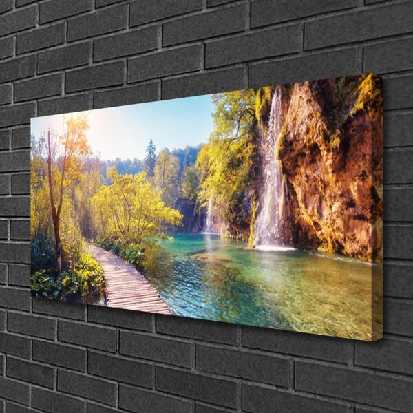 Stampa quadro su tela Cascata del paesaggio del lago 100x50 cm
