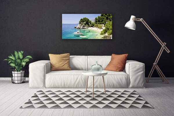 Foto quadro su tela Mare, spiaggia, rocce, barche 100x50 cm