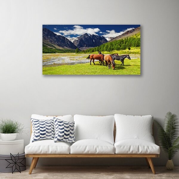 Quadro su tela Montagne, alberi, cavalli, animali 100x50 cm