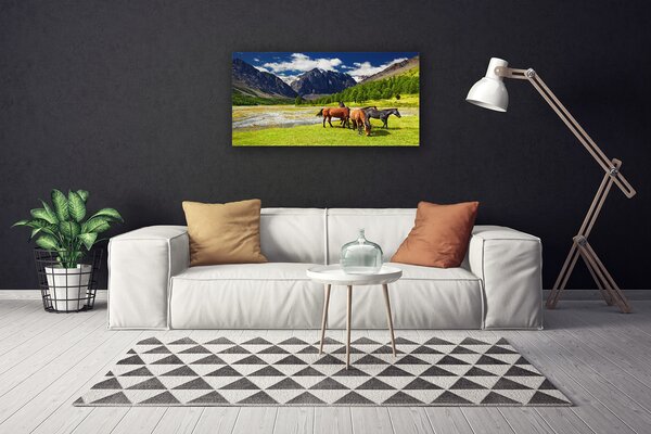 Quadro su tela Montagne, alberi, cavalli, animali 100x50 cm