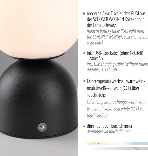 Schöner Wohnen 19218-18 - Lampada da tavolo LED dimmerabile RUDI LED/1,2W/5V nera