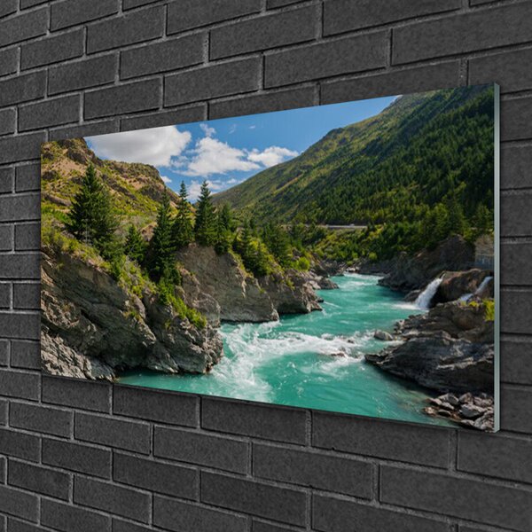 Quadro vetro Montagne Fiume Paesaggio 100x50 cm 2 appendini