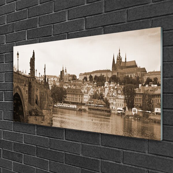 Quadro su vetro Paesaggio del ponte di Praga 100x50 cm 2 appendini