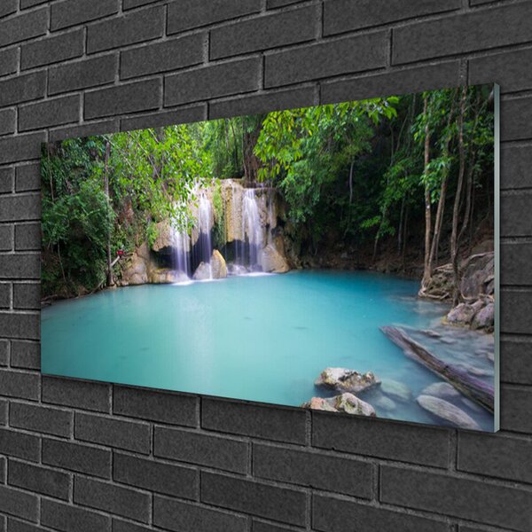 Quadro in vetro Cascata Foresta Lago Natura 100x50 cm 2 appendini