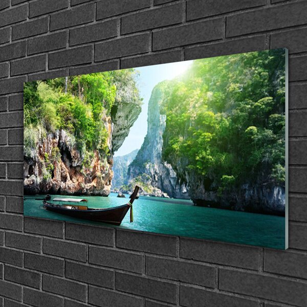 Quadro in vetro Montagna Acqua Barca Natura 100x50 cm 2 appendini