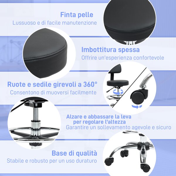 HOMCOM Sedia Girevole ad Altezza Regolabile con Poggiapiedi, in Acciaio, Finta Pelle e Gommapiuma, 52x52x78-92 cm, Nero