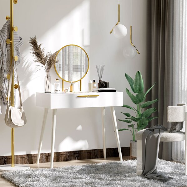 HOMCOM Tavolo Trucco con Specchio e 2 Cassetti per Accessori, in Legno, 80x40x123 cm, Bianco