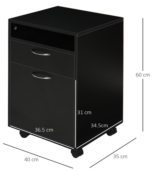 HOMCOM Cassettiera Portadocumenti da ufficio con 2 cassetti 4 ruote, in legno, nero, 40 x 35 x 60cm|Aosom