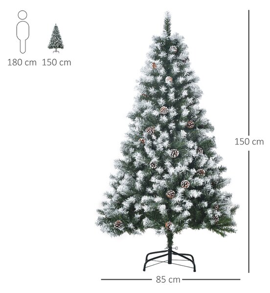 HOMCOM Albero di Natale Artificiale Innevato 150cm con 676 Rami e Pigne, Apertura Automatica e Base Pieghevole, Verde