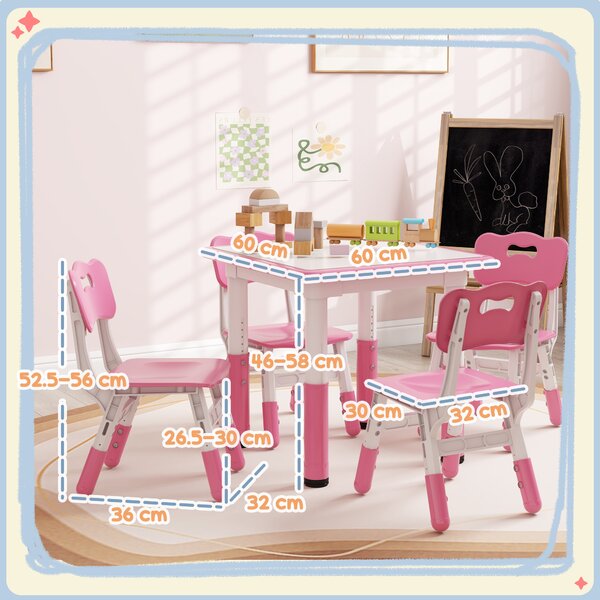 AIYAPLAY Set Tavolo e Sedie per Bambini 5pz con 4 Sedie Regolabili 32x36x52.5-56 cm e Tavolo 60x60x46-58 cm, Rosa