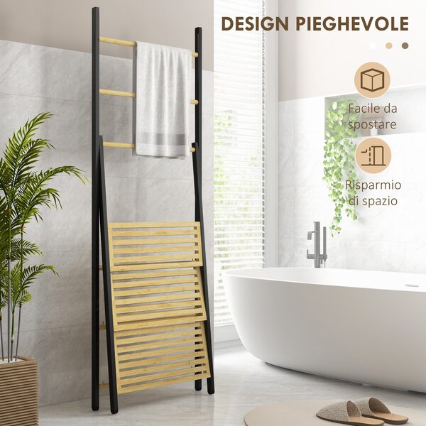 HOMCOM Portasciugamani Pieghevole con 3 Barre e 3 Ripiani, in Bambù e Acciaio, 53x31x153 cm, Nero e color Legno