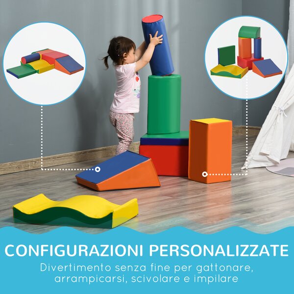 HOMCOM Set 7 Blocchi di Costruzioni Morbide per Bambini da 1-3 Anni per Casa e Scuola, Multicolore