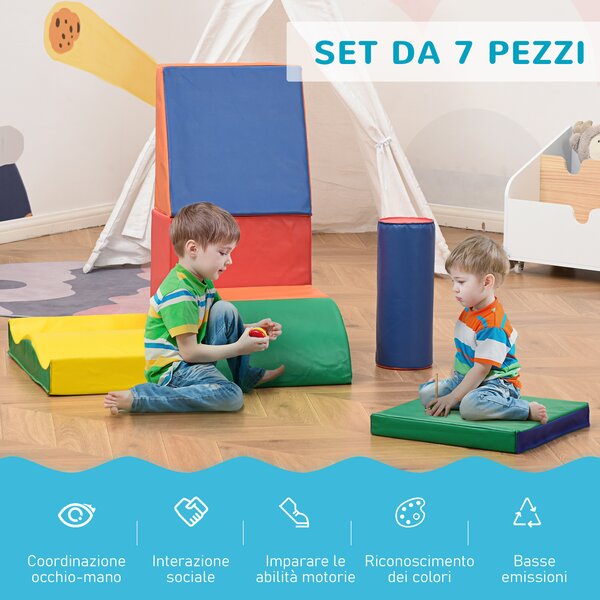 HOMCOM Set 7 Blocchi di Costruzioni Morbide per Bambini da 1-3 Anni per Casa e Scuola, Multicolore