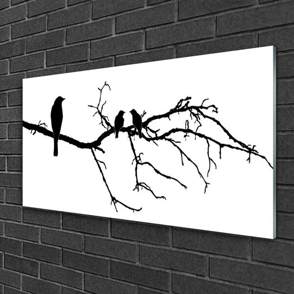 Quadro vetro Uccelli Ramo Arte Natura 100x50 cm 2 appendini