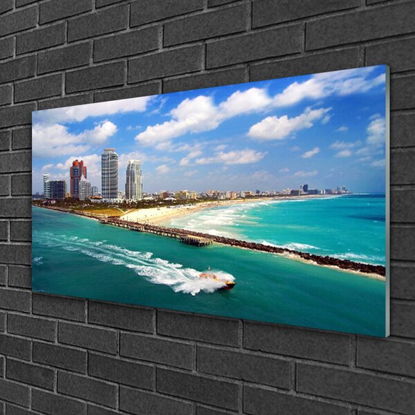 Quadro in vetro Paesaggio della città di Sea Beach 100x50 cm 2 appendini