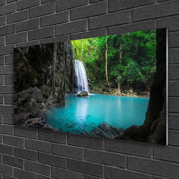 Quadro in vetro Lago Cascata Natura 100x50 cm 2 appendini