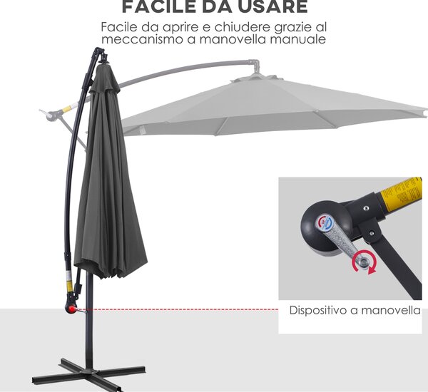 Outsunny Ombrellone da Esterni Struttura in Acciaio e Poliestere Impermeabile Anti-UV Φ300x250cm Grigio|Aosom